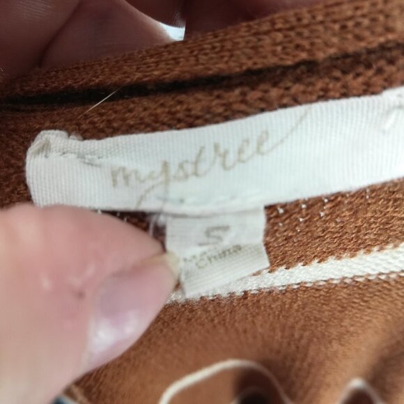 Mystree Brown Striped Waterfall Cardigan Sweater Size S Knit Wrap Open Front - Picture 2 of 12